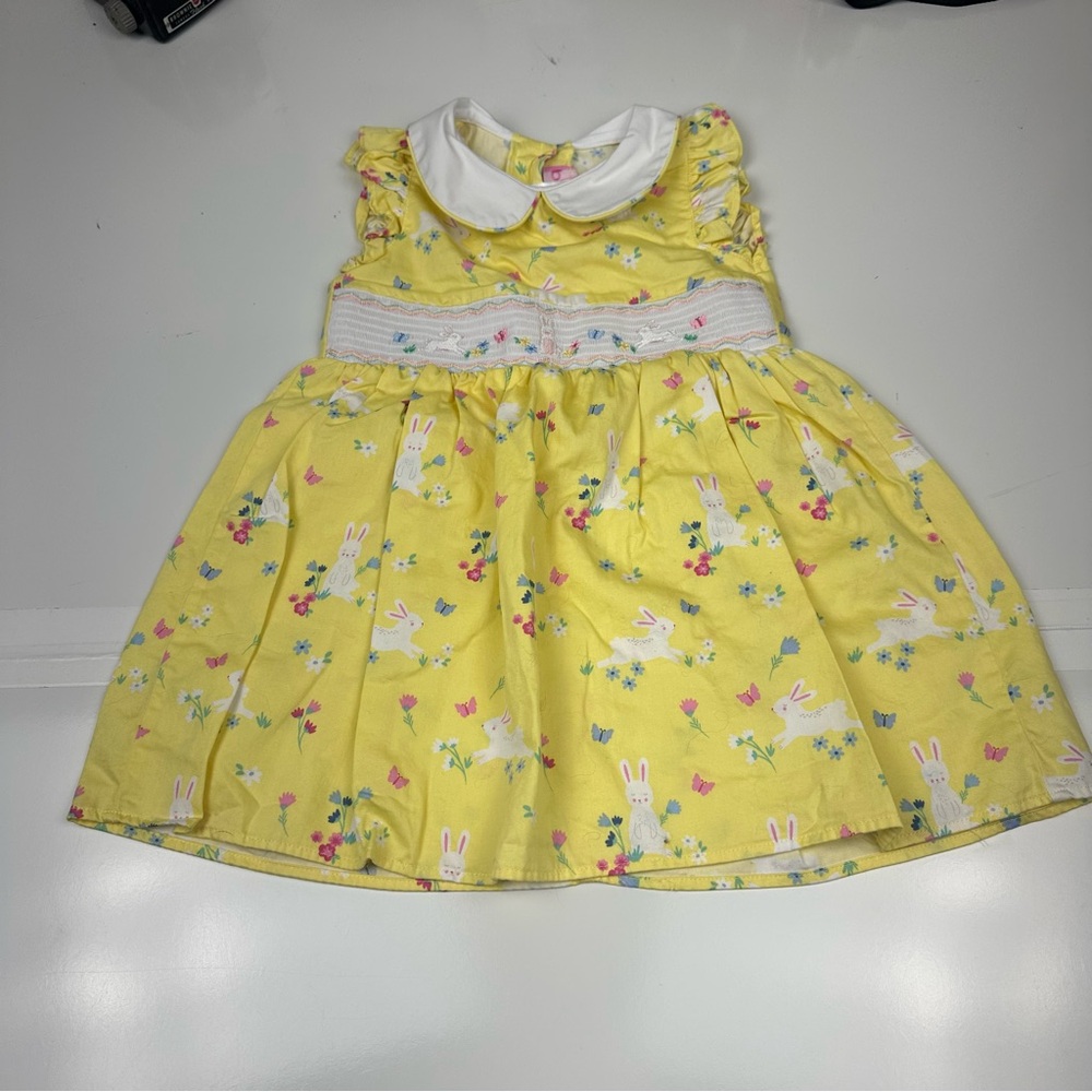 Boutique Style Bunny Easter Dress 4T Yellow Floral Smocked Peter Pan Collar